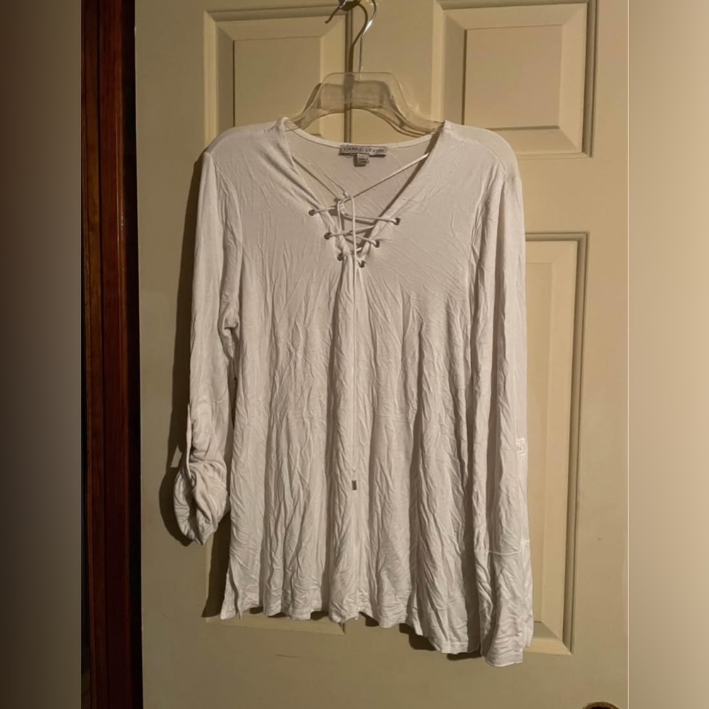 Larry Levine White Lace-Up Long Sleeve Top